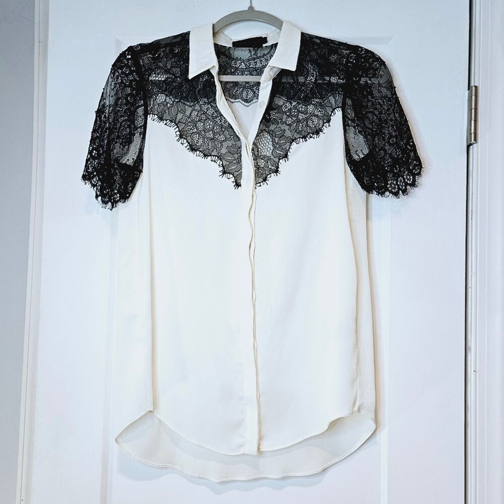 Hotel Particulier Lace Yoke Blouse Ivory Black XS Button Front